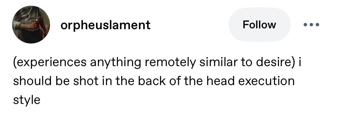 a screenshot of a tumblr post from user orpheuslament that says "(experiences anything remotely similar to desire) i should be shot in the back of the head execution style"