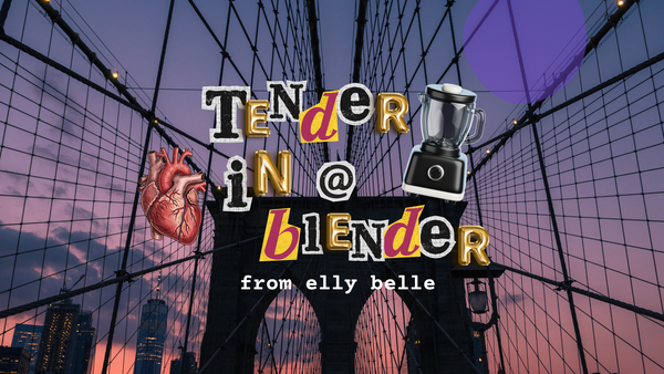a photo of the Brooklyn Bridge at sunset, with pink and purple clouds over the Manhattan skyline, with the words "tender heart in a blender" pasted over as if cut out and collaged